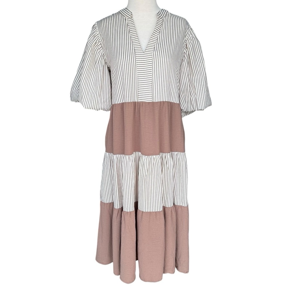 SHE + SKY Brown White Stripe Midi Dress Puff Sleeve Boho Cottagecore Tier Small